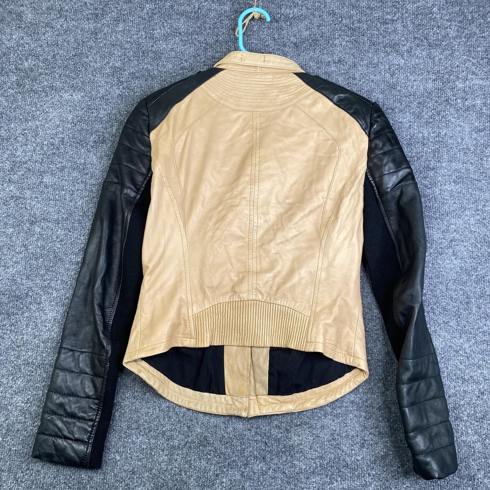 Zara Jacket Womens Medium Beige Black Leather Moto Asymmetrical Lambskin Cafe - Picture 10 of 10